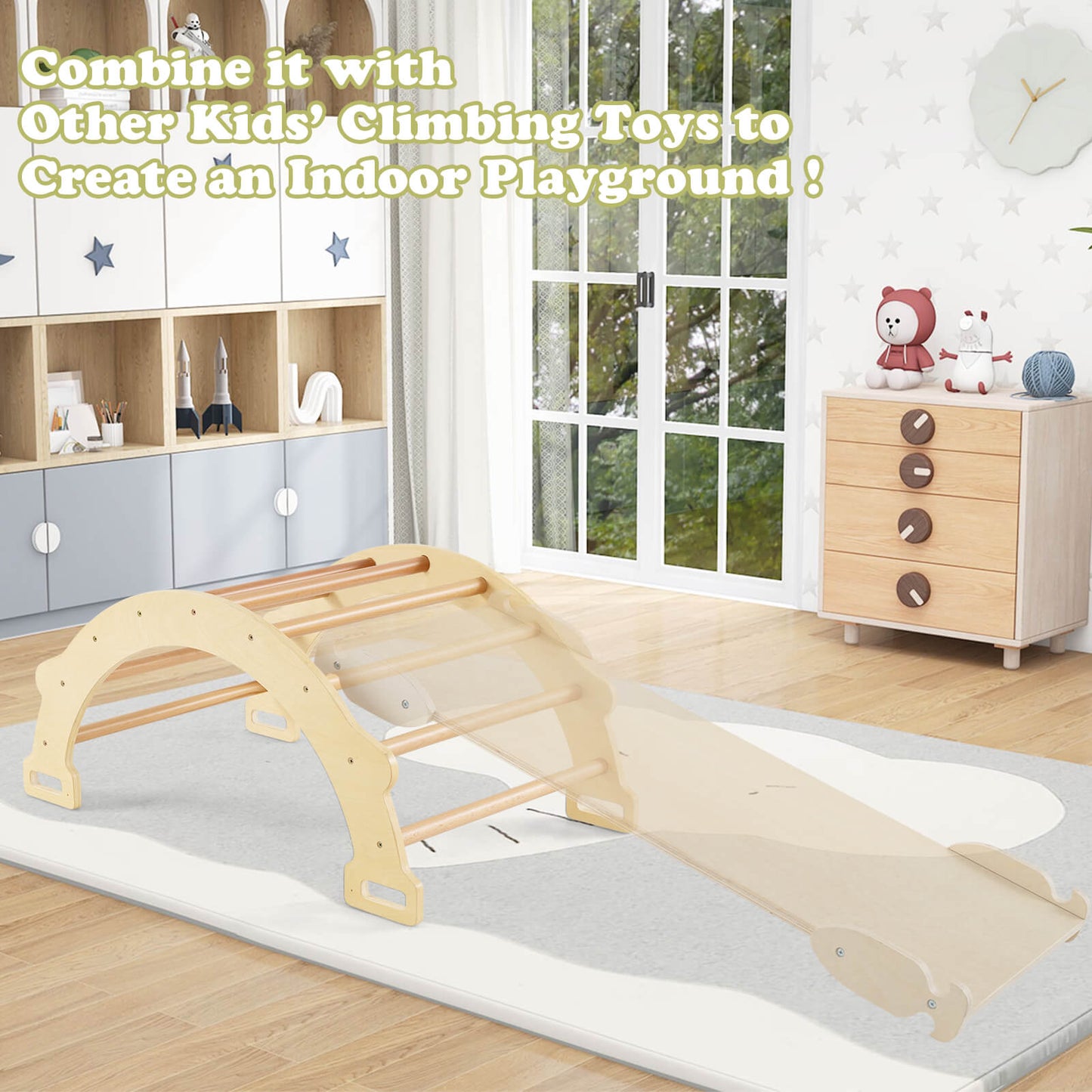 4-In-1 Wooden Kids Climber Arch Rocker with Cushion Montessori Toy-Natural