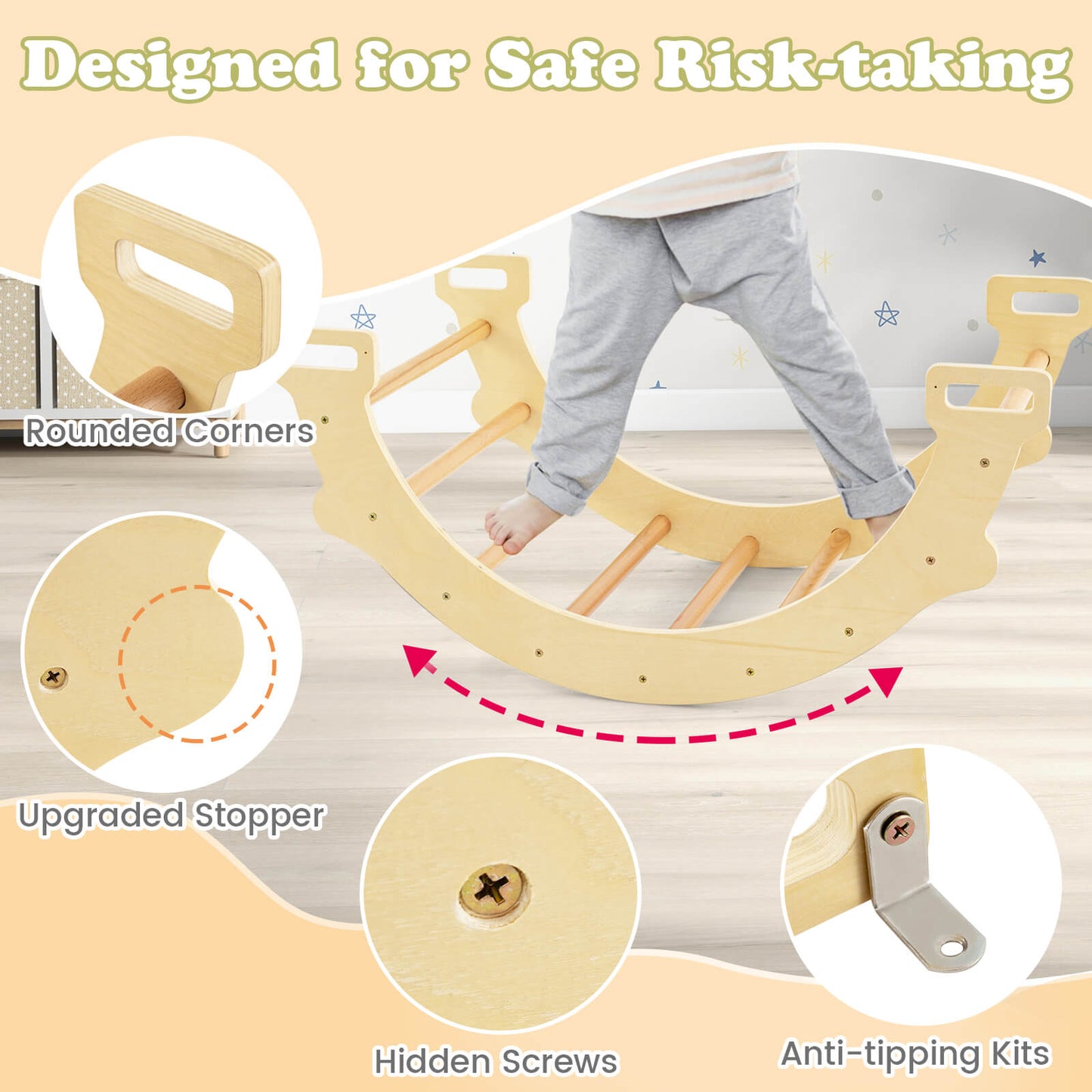 4-In-1 Wooden Kids Climber Arch Rocker with Cushion Montessori Toy-Natural