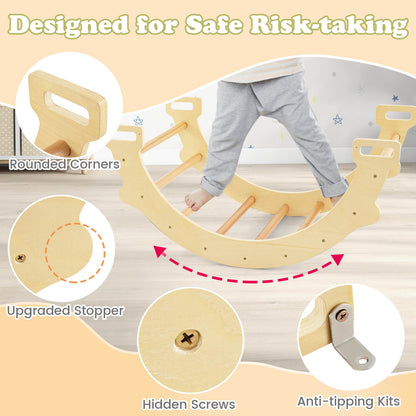 4-In-1 Wooden Kids Climber Arch Rocker with Cushion Montessori Toy-Natural