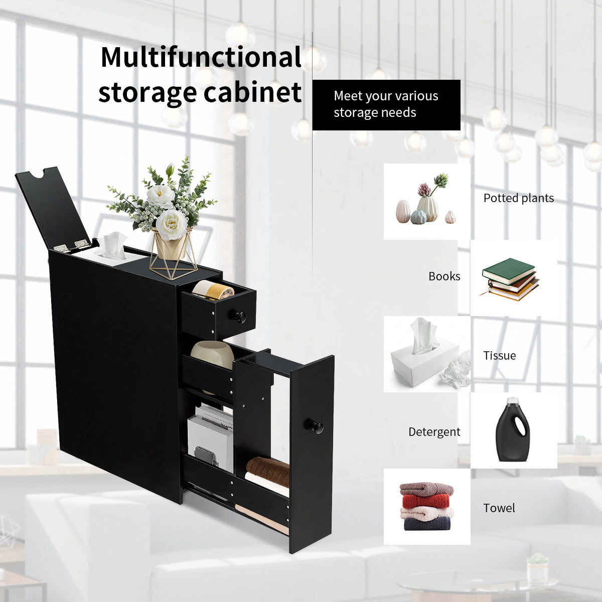 Freestanding  Slim Bathroom Storage Cabinet with Slide-out Drawers for Small/ Narrow Bathroom-Black