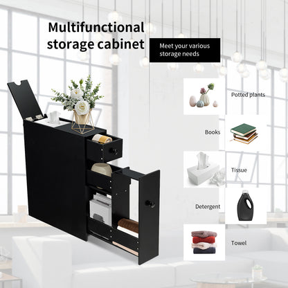 Freestanding  Slim Bathroom Storage Cabinet with Slide-out Drawers for Small/ Narrow Bathroom-Black