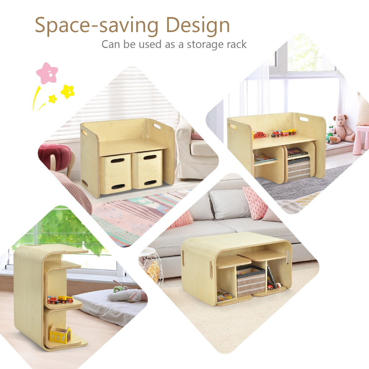 Kids Table and Chair Set with Storage Shelves-Natural