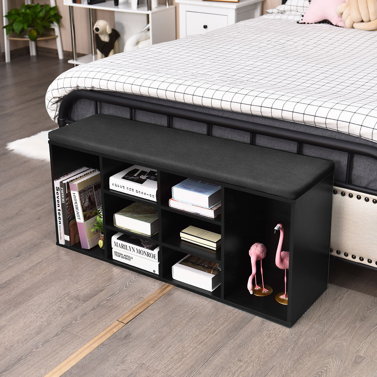 10-Cube Shoe Bench with Padded Cushions and Adjustable Shelves-Grey