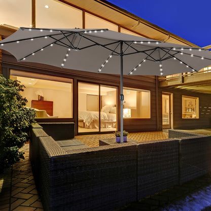 Costway 4.7M Double-Sided Patio Umbrella with Solar Lights for Poolside Garden Yard-Grey