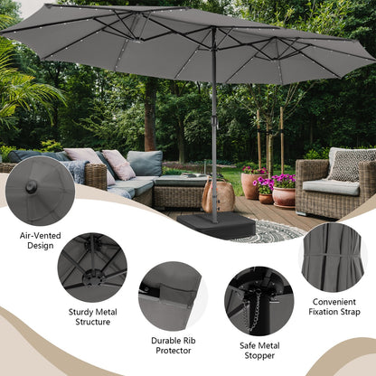 Costway 4.7M Double-Sided Patio Umbrella with Solar Lights for Poolside Garden Yard-Grey