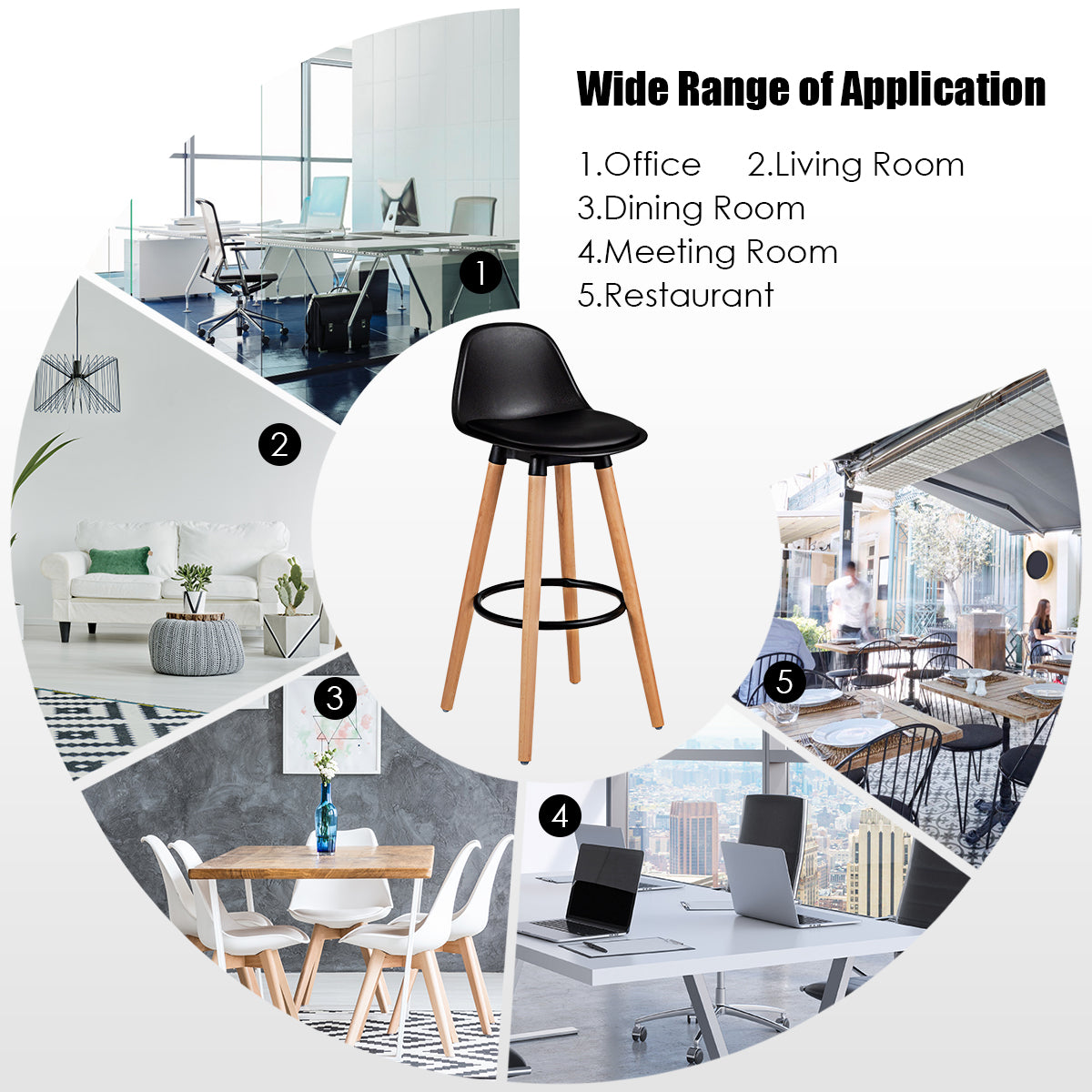 2Pcs PU Leather Bar Stools with Round Metal Footrest-Black