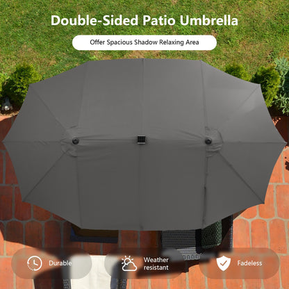 Costway 4.7M Double-Sided Patio Umbrella with Solar Lights for Poolside Garden Yard-Grey