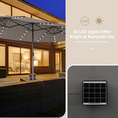 Costway 4.7M Double-Sided Patio Umbrella with Solar Lights for Poolside Garden Yard-Grey