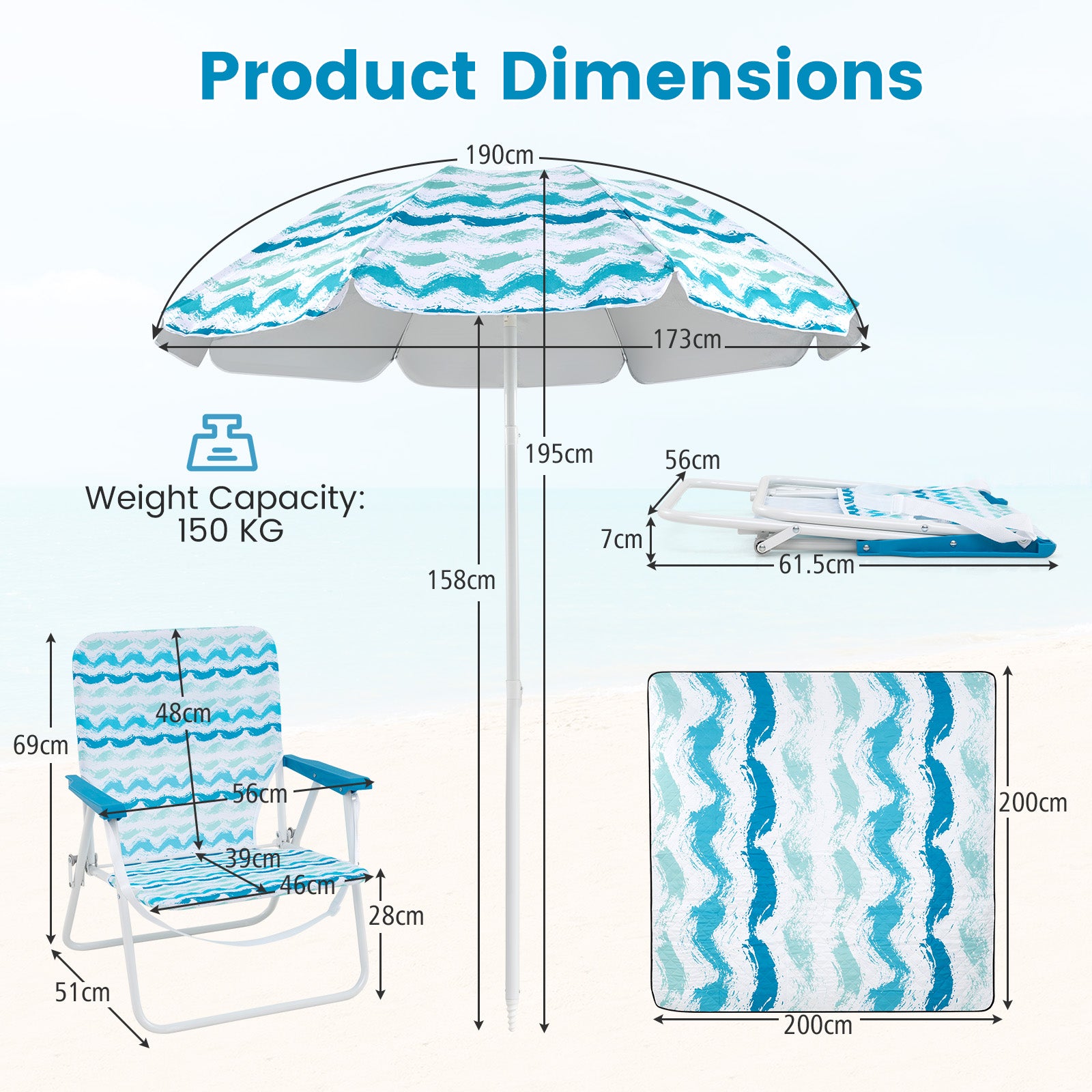 4 Pieces Beach Umbrella Set with 2 Foldable Chairs and Picnic Blanket-Blue
