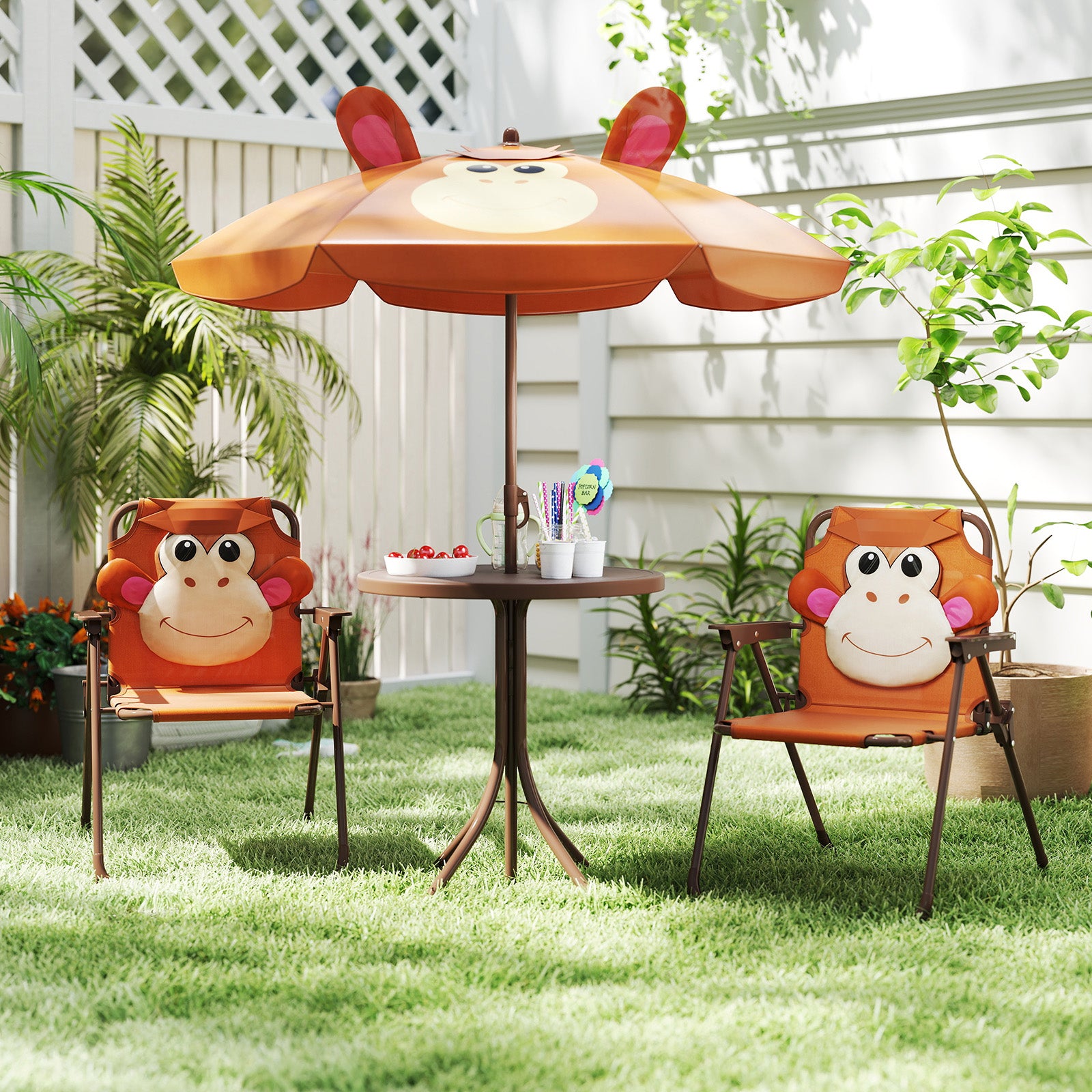 4 Pieces Kids Picnic Set Toddler Outdoor Activity Table with 2 Folding Chairs-Brown