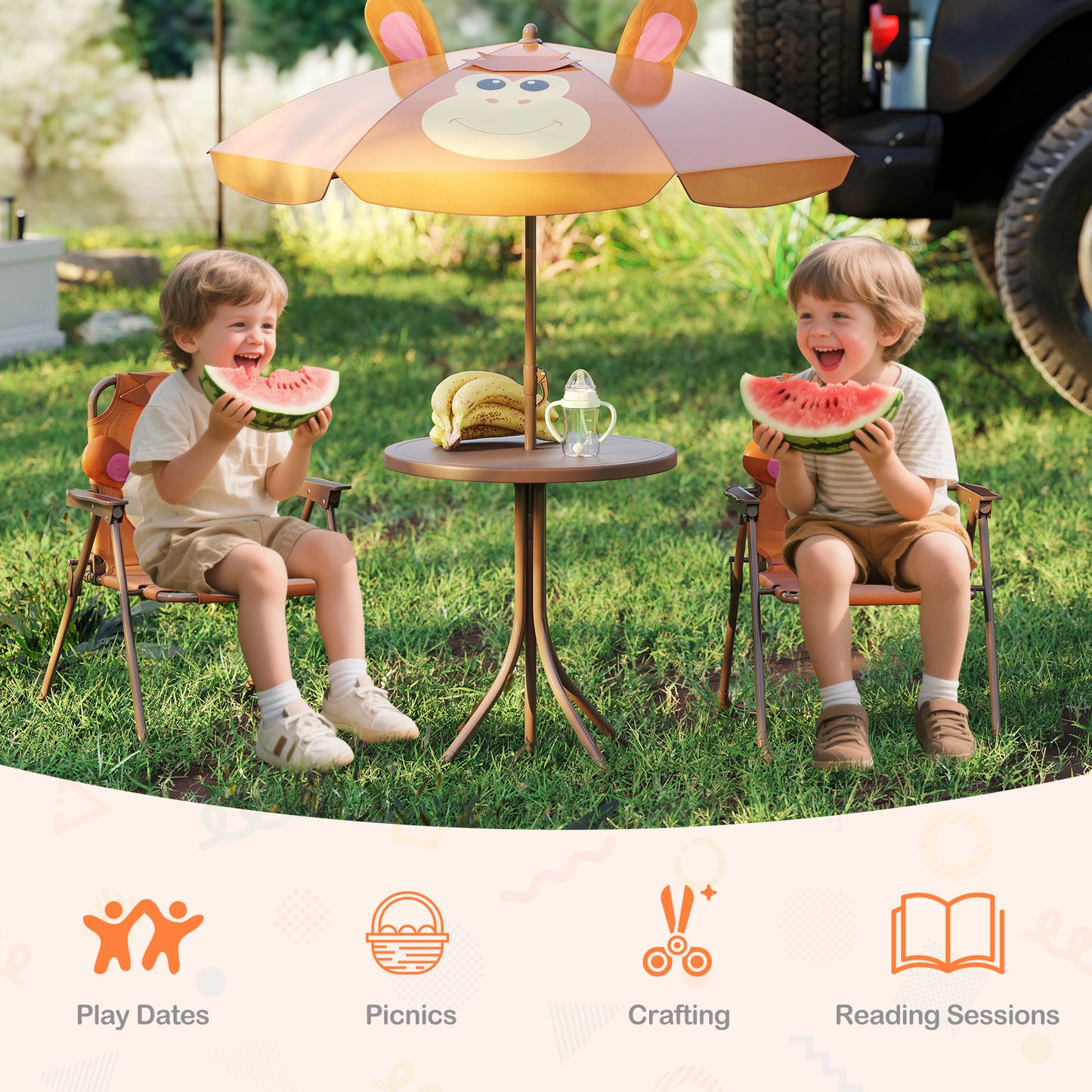 4 Pieces Kids Picnic Set Toddler Outdoor Activity Table with 2 Folding Chairs-Brown