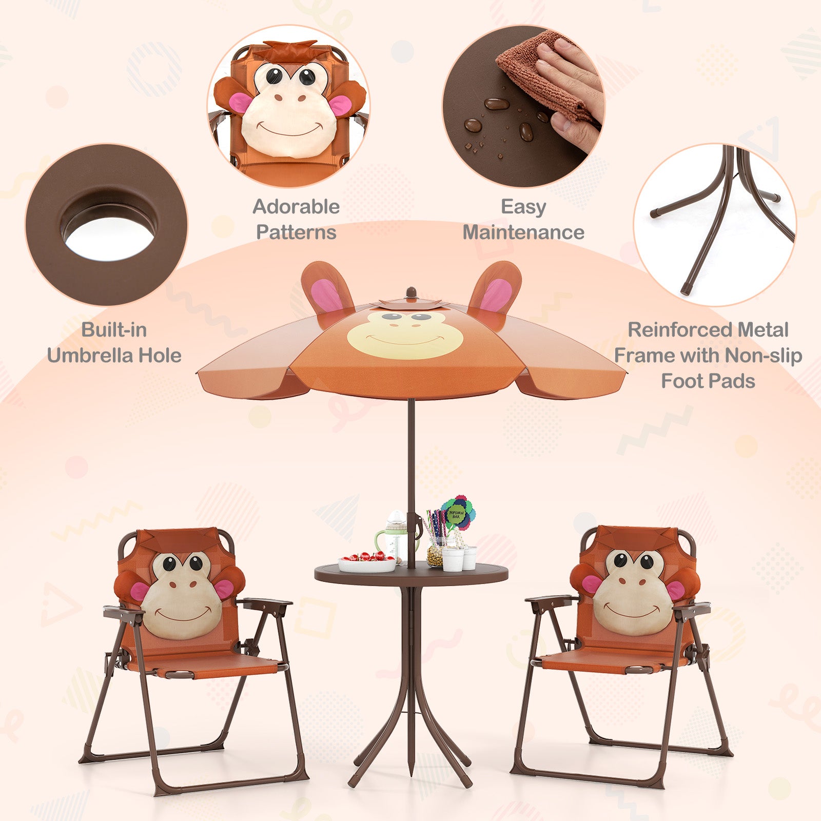 4 Pieces Kids Picnic Set Toddler Outdoor Activity Table with 2 Folding Chairs-Brown