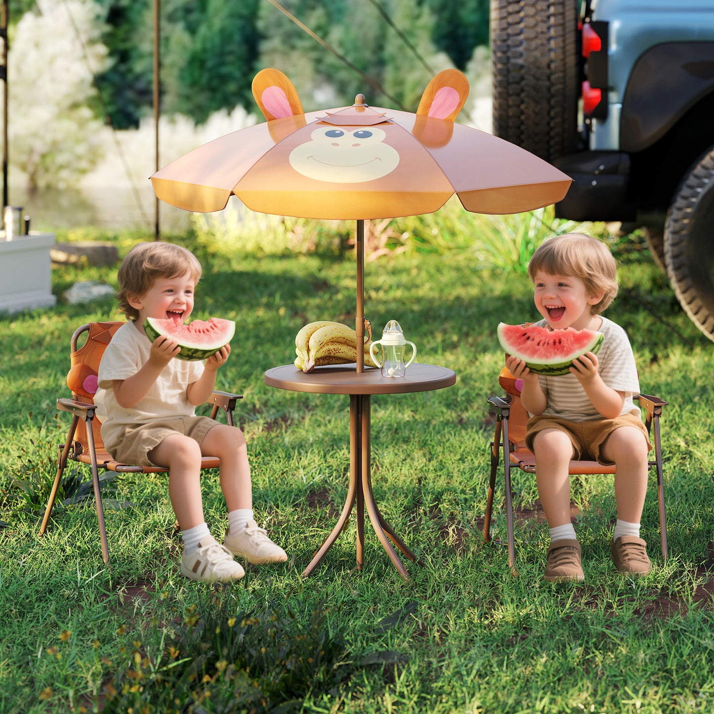 4 Pieces Kids Picnic Set Toddler Outdoor Activity Table with 2 Folding Chairs-Brown