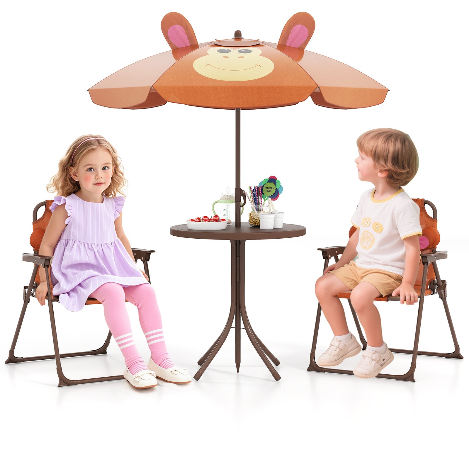 4 Pieces Kids Picnic Set Toddler Outdoor Activity Table with 2 Folding Chairs-Brown