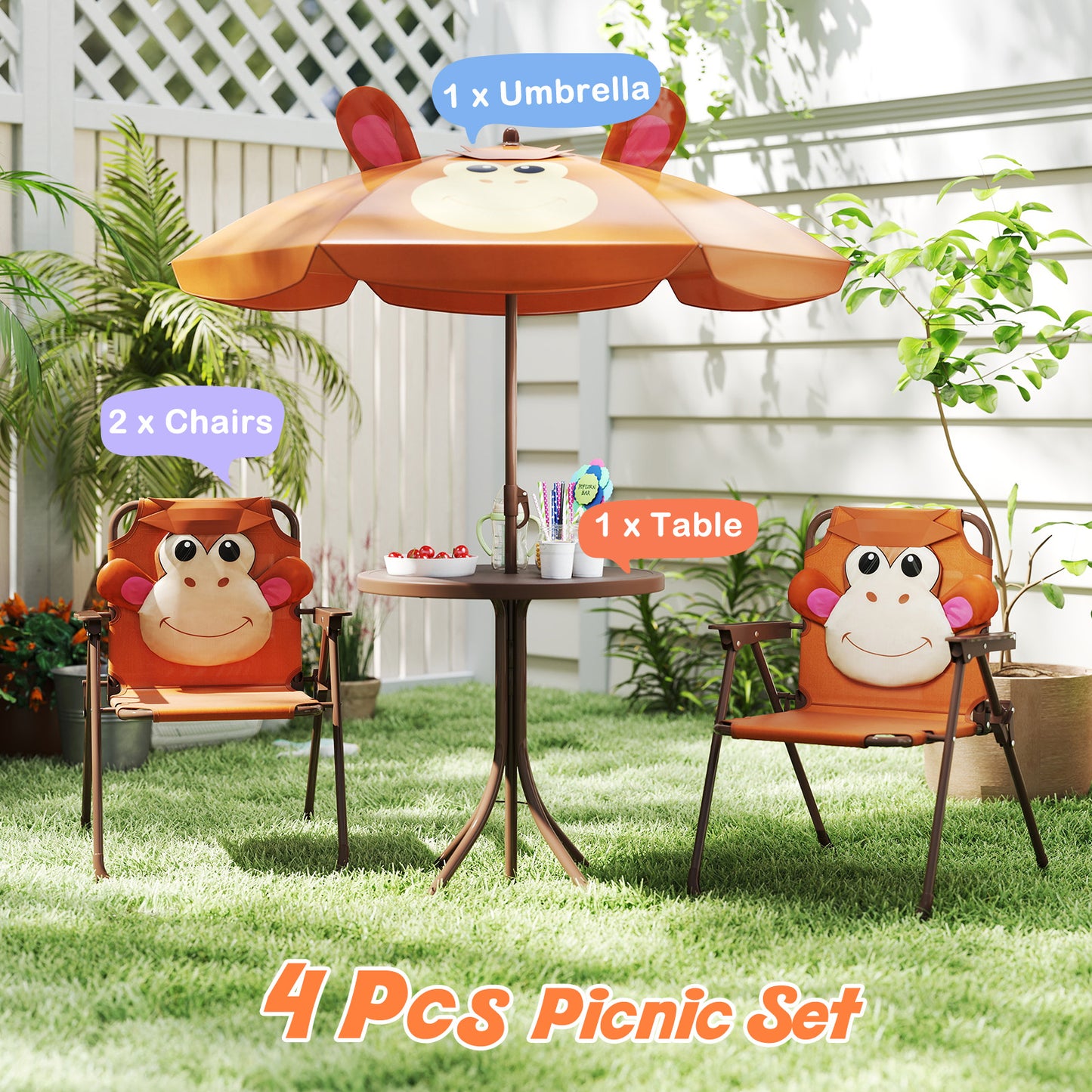 4 Pieces Kids Picnic Set Toddler Outdoor Activity Table with 2 Folding Chairs-Brown