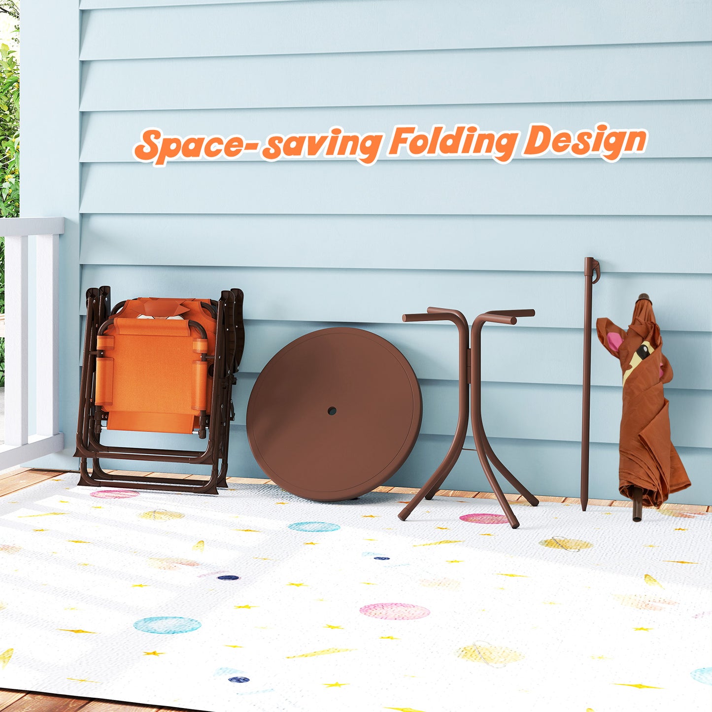 4 Pieces Kids Picnic Set Toddler Outdoor Activity Table with 2 Folding Chairs-Brown