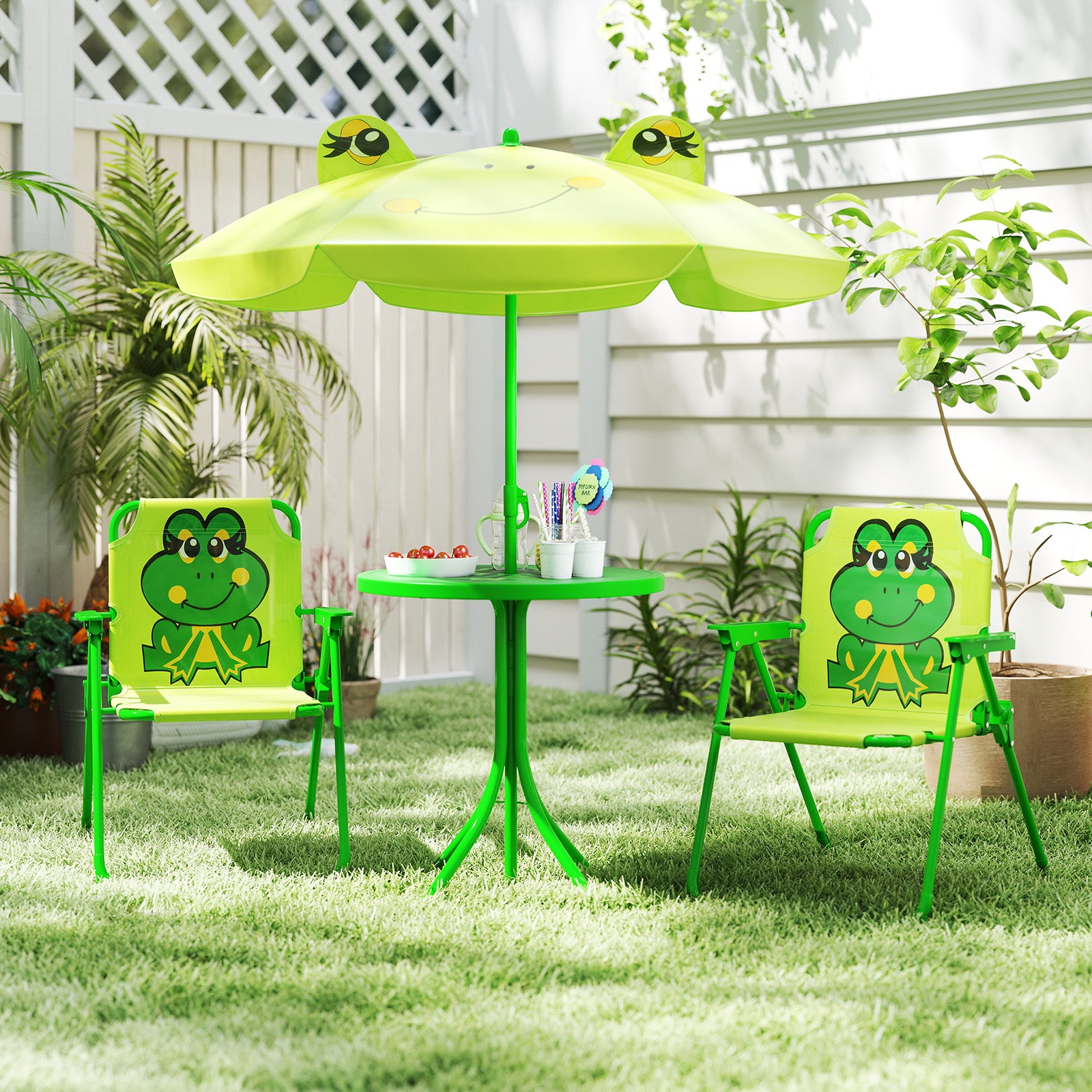 4 Pieces Kids Picnic Set Toddler Outdoor Activity Table with 2 Folding Chairs-Light Green