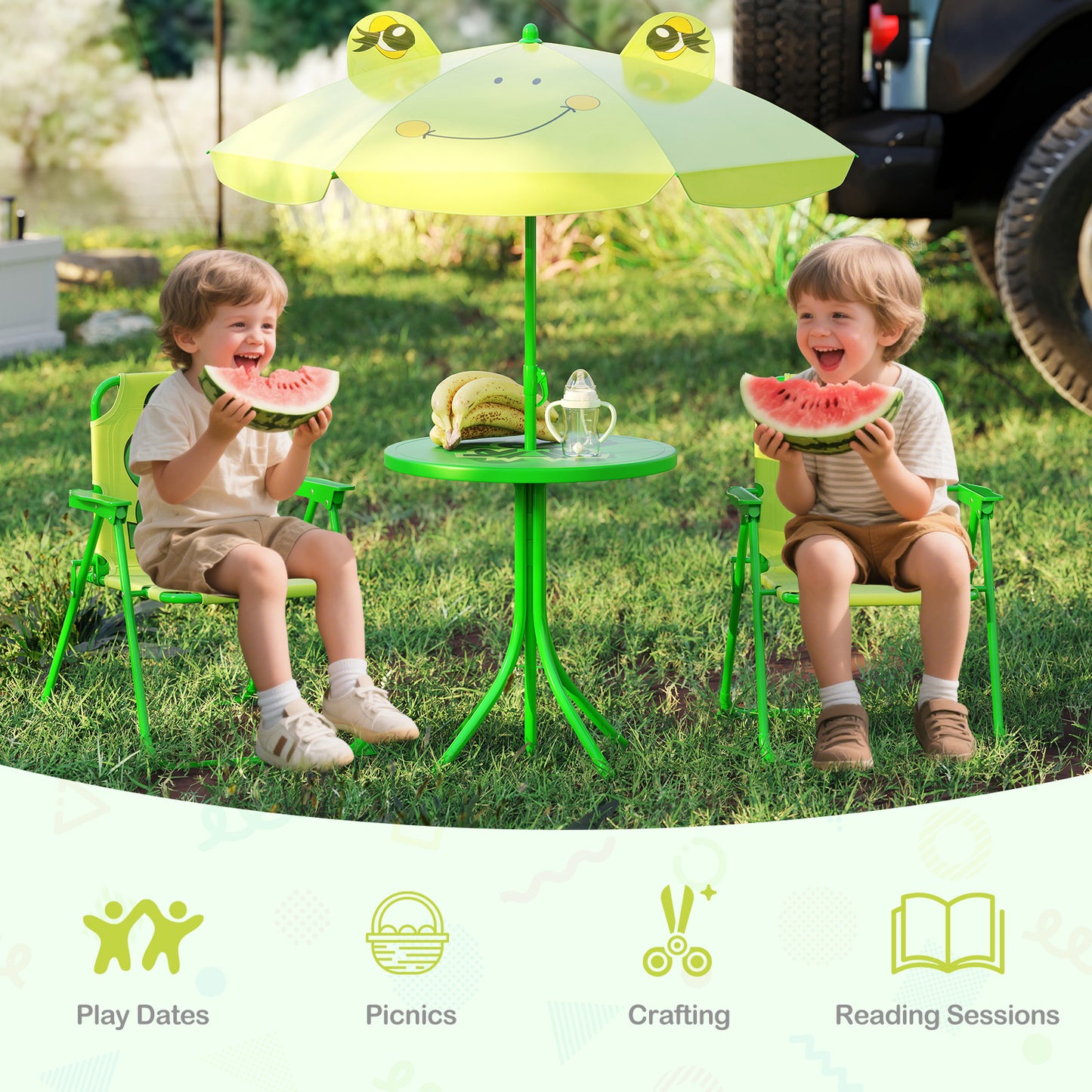 4 Pieces Kids Picnic Set Toddler Outdoor Activity Table with 2 Folding Chairs-Light Green