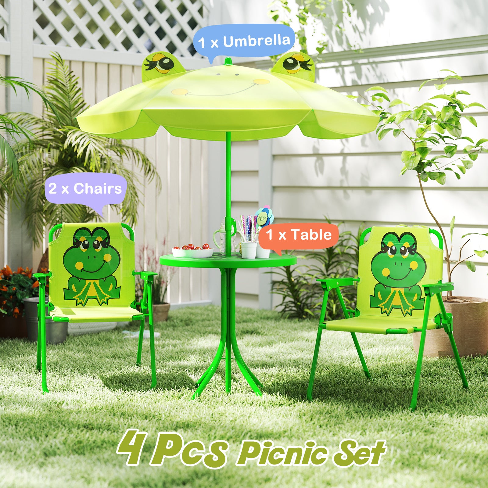 4 Pieces Kids Picnic Set Toddler Outdoor Activity Table with 2 Folding Chairs-Light Green