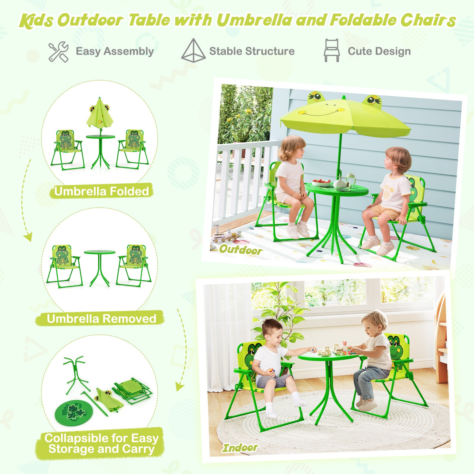 4 Pieces Kids Picnic Set Toddler Outdoor Activity Table with 2 Folding Chairs-Light Green