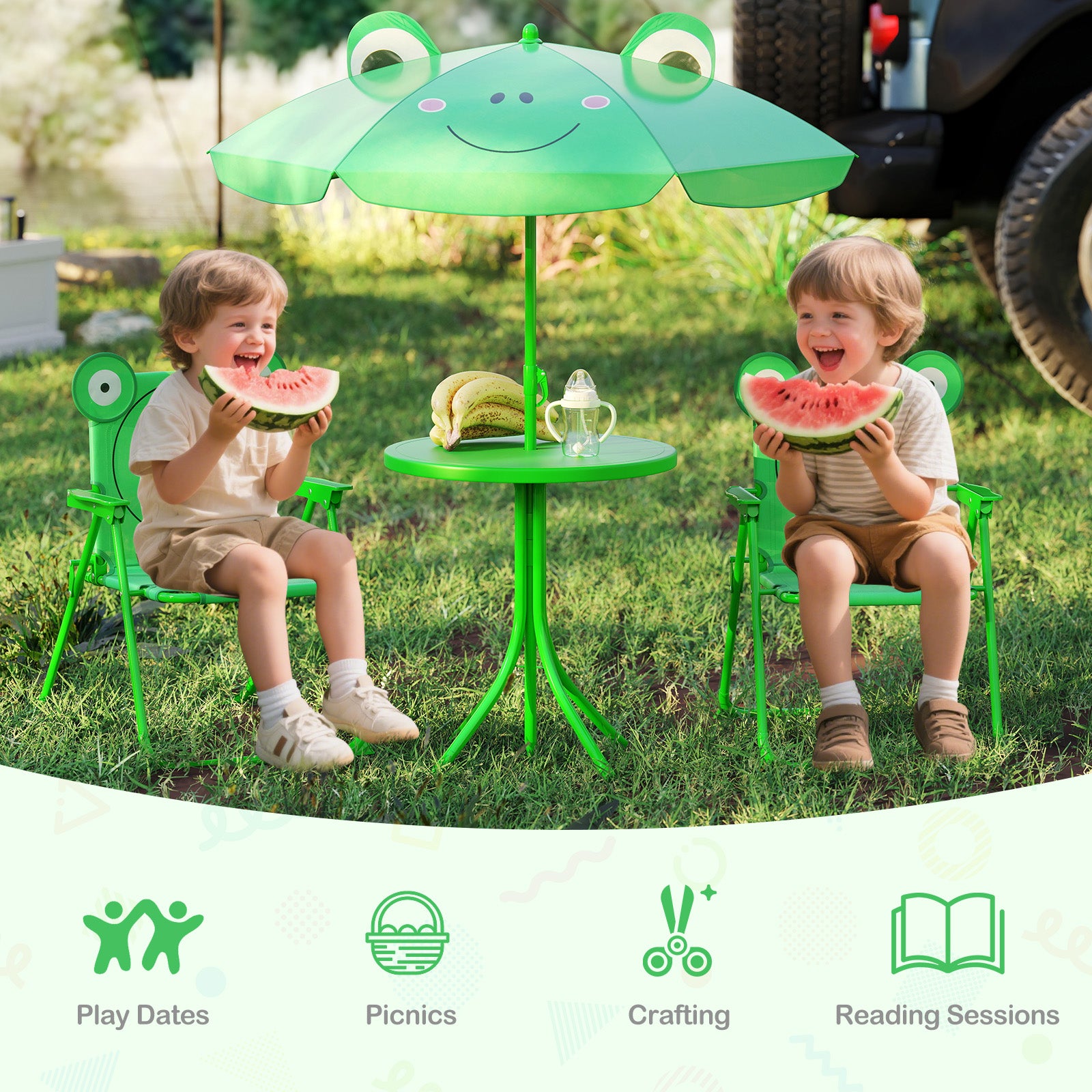 4 Pieces Kids Picnic Set Toddler Outdoor Activity Table with 2 Folding Chairs-Green
