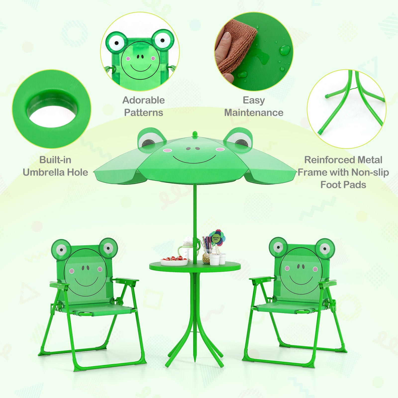 4 Pieces Kids Picnic Set Toddler Outdoor Activity Table with 2 Folding Chairs-Green