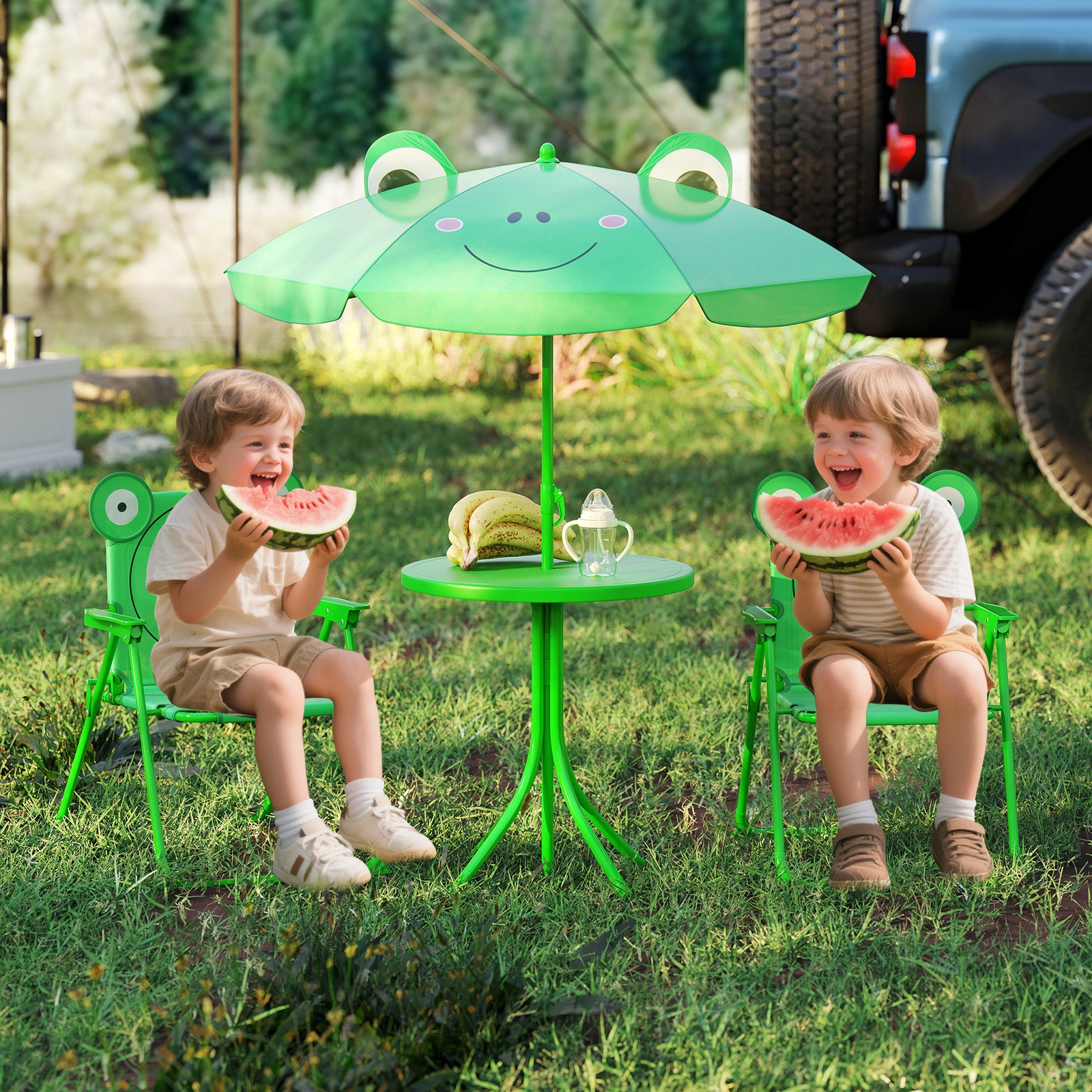 4 Pieces Kids Picnic Set Toddler Outdoor Activity Table with 2 Folding Chairs-Green