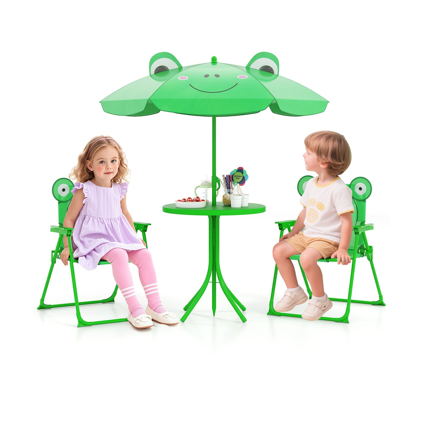 4 Pieces Kids Picnic Set Toddler Outdoor Activity Table with 2 Folding Chairs-Green