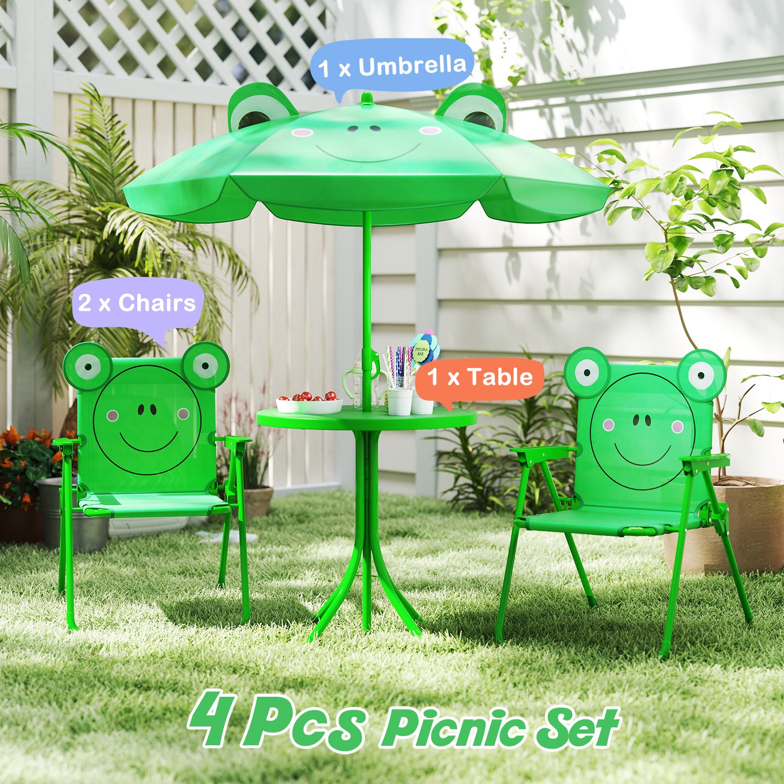 4 Pieces Kids Picnic Set Toddler Outdoor Activity Table with 2 Folding Chairs-Green