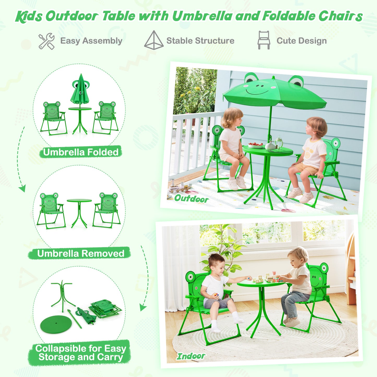 4 Pieces Kids Picnic Set Toddler Outdoor Activity Table with 2 Folding Chairs-Green