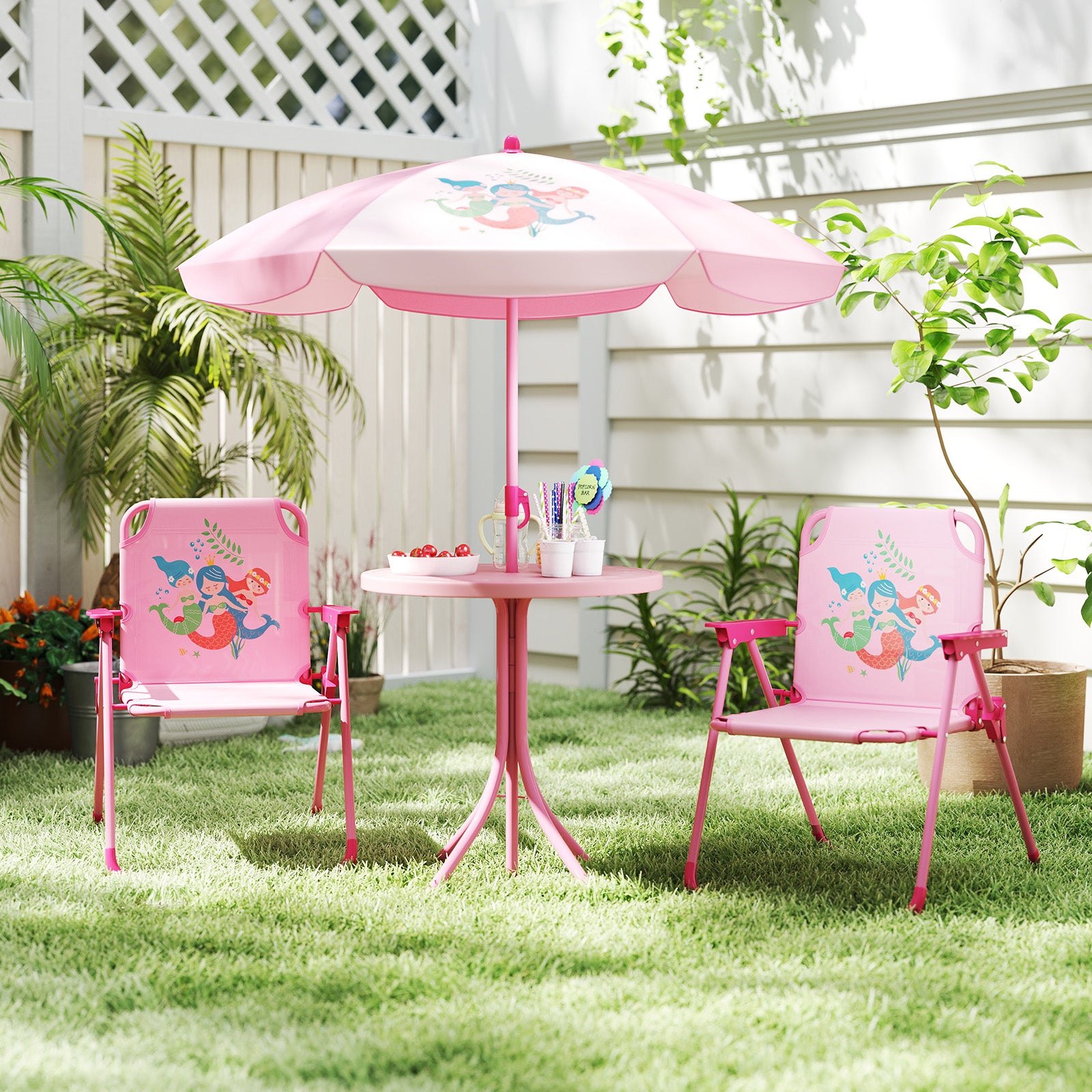 4 Pieces Kids Picnic Set Toddler Outdoor Activity Table with 2 Folding Chairs-Pink