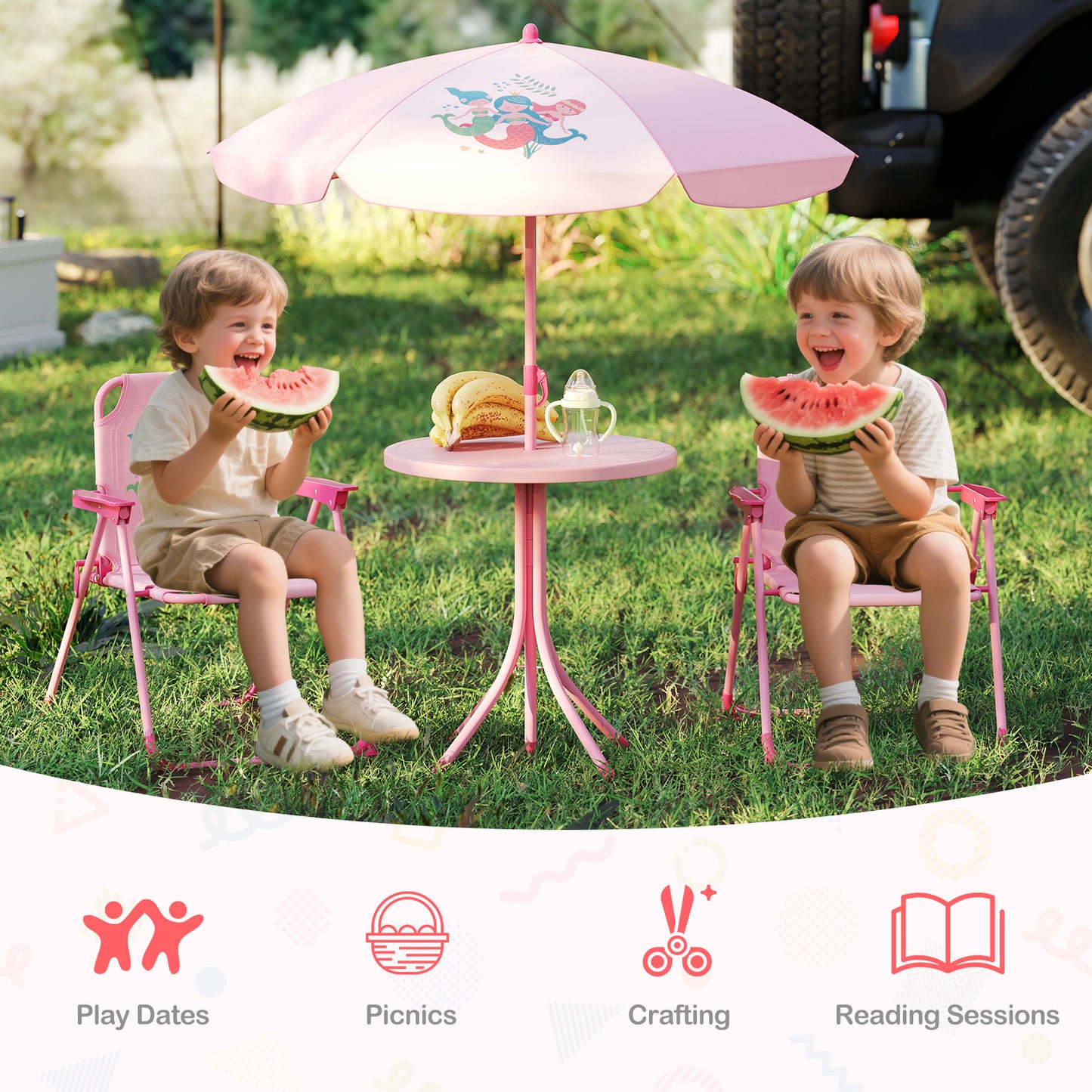4 Pieces Kids Picnic Set Toddler Outdoor Activity Table with 2 Folding Chairs-Pink