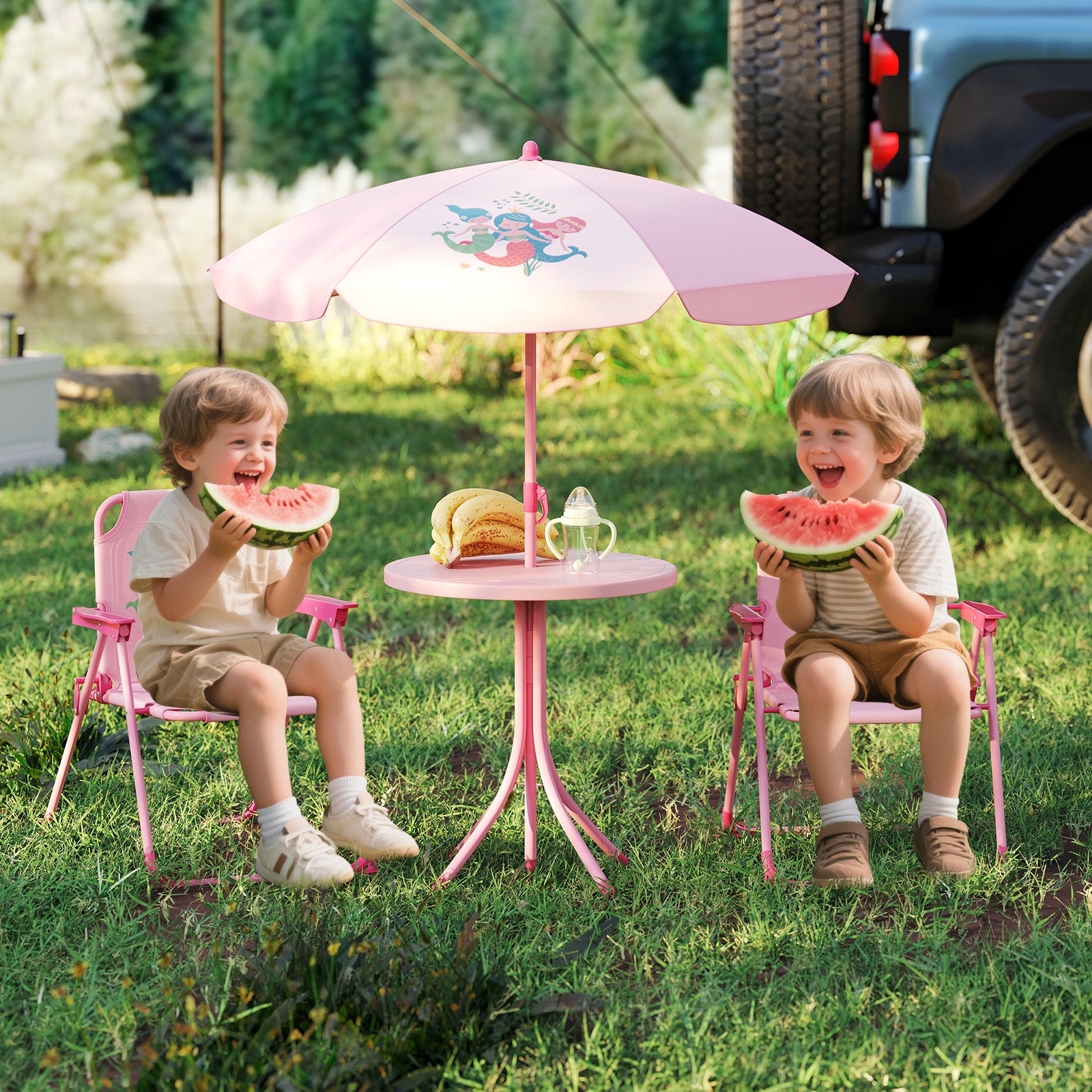 4 Pieces Kids Picnic Set Toddler Outdoor Activity Table with 2 Folding Chairs-Pink