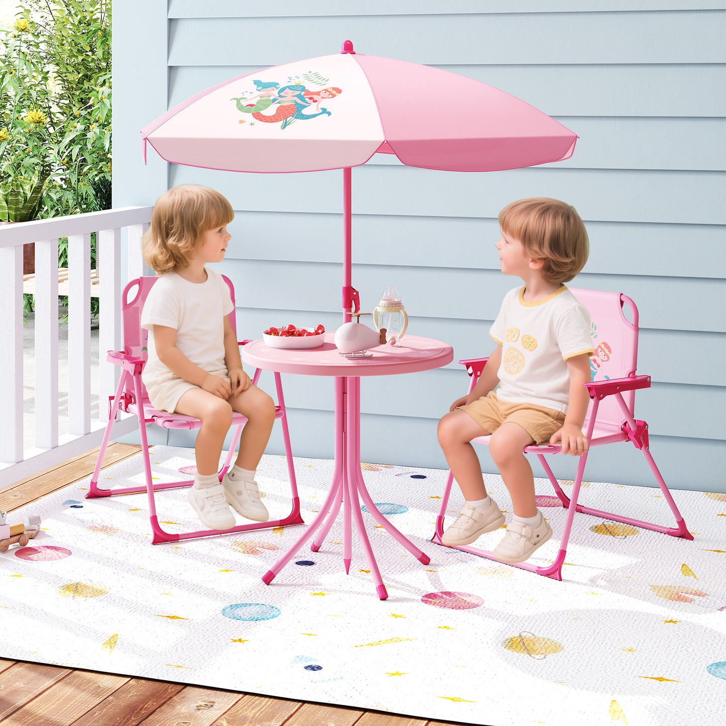 4 Pieces Kids Picnic Set Toddler Outdoor Activity Table with 2 Folding Chairs-Pink