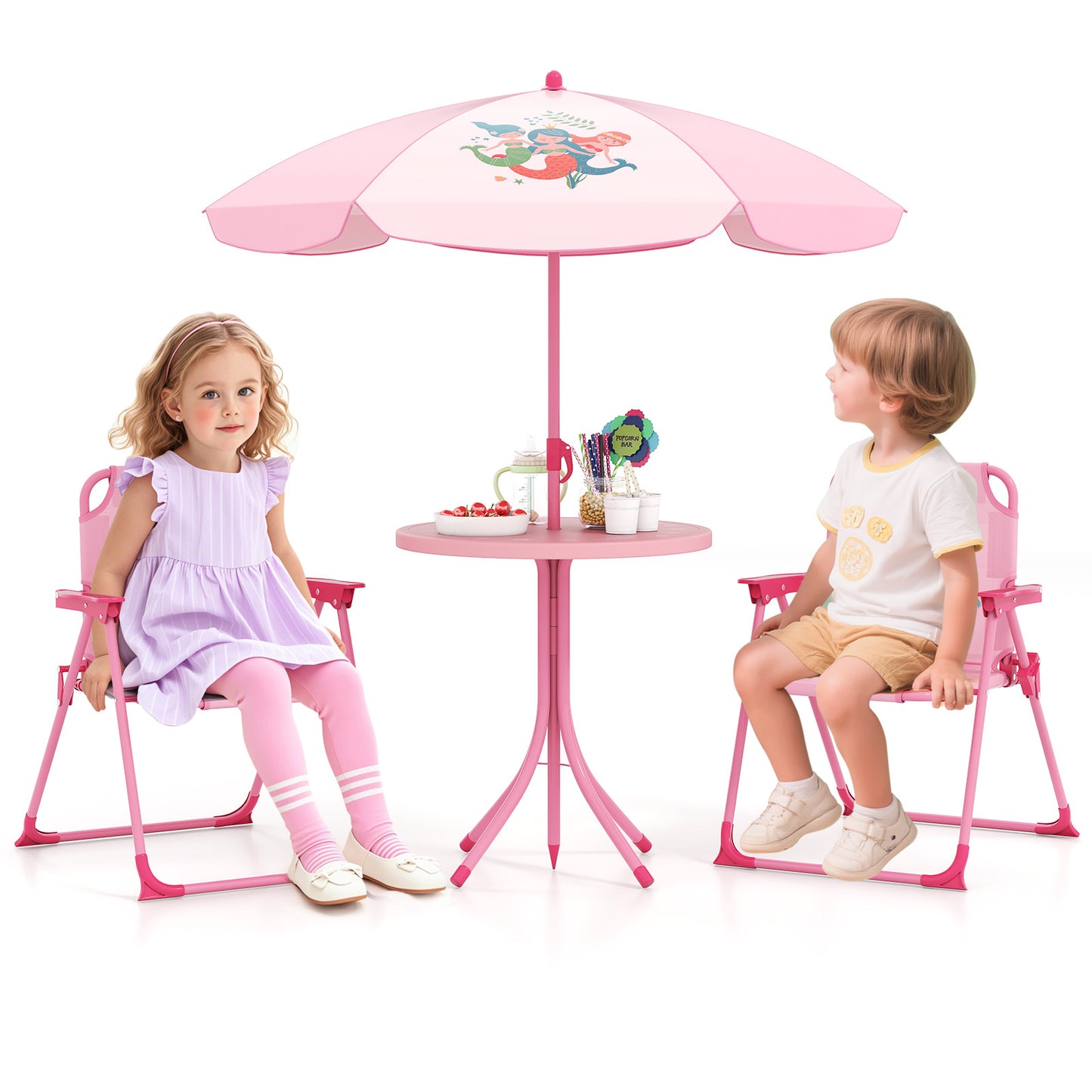 4 Pieces Kids Picnic Set Toddler Outdoor Activity Table with 2 Folding Chairs-Pink