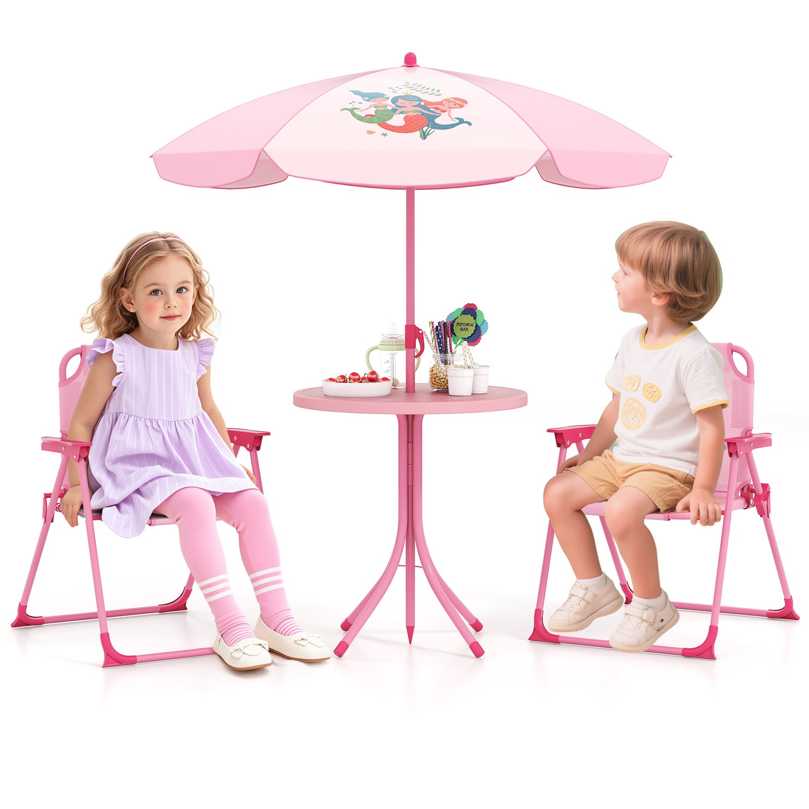 4 Pieces Kids Picnic Set Toddler Outdoor Activity Table with 2 Folding Chairs-Pink