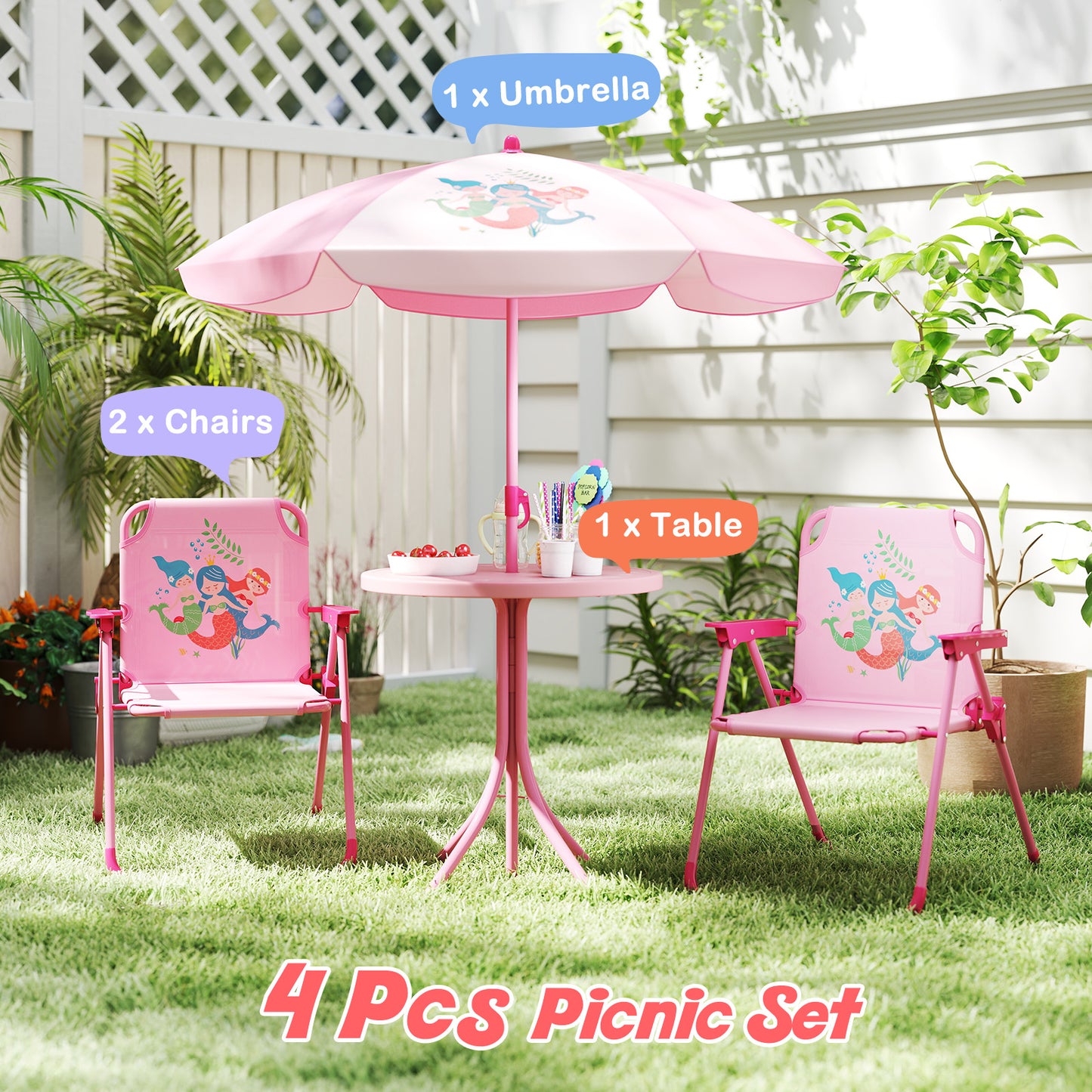 4 Pieces Kids Picnic Set Toddler Outdoor Activity Table with 2 Folding Chairs-Pink