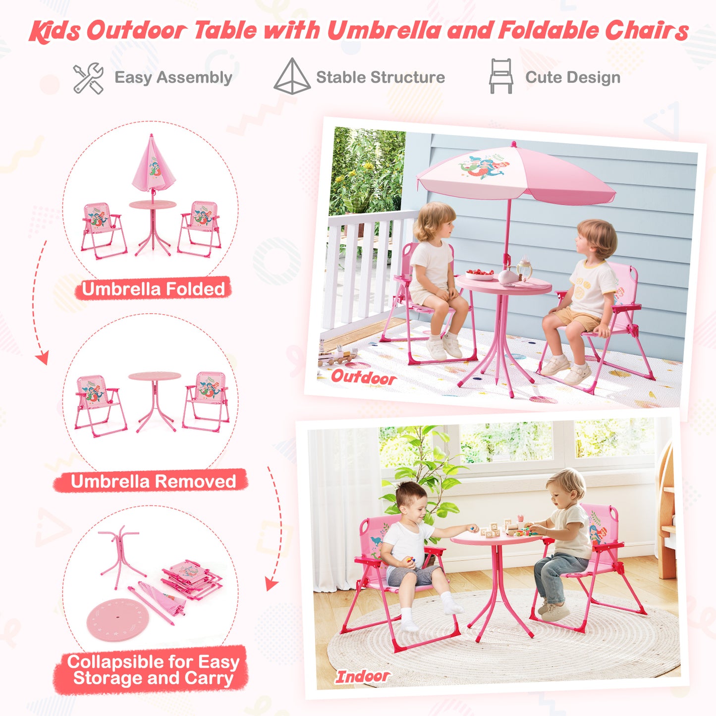 4 Pieces Kids Picnic Set Toddler Outdoor Activity Table with 2 Folding Chairs-Pink