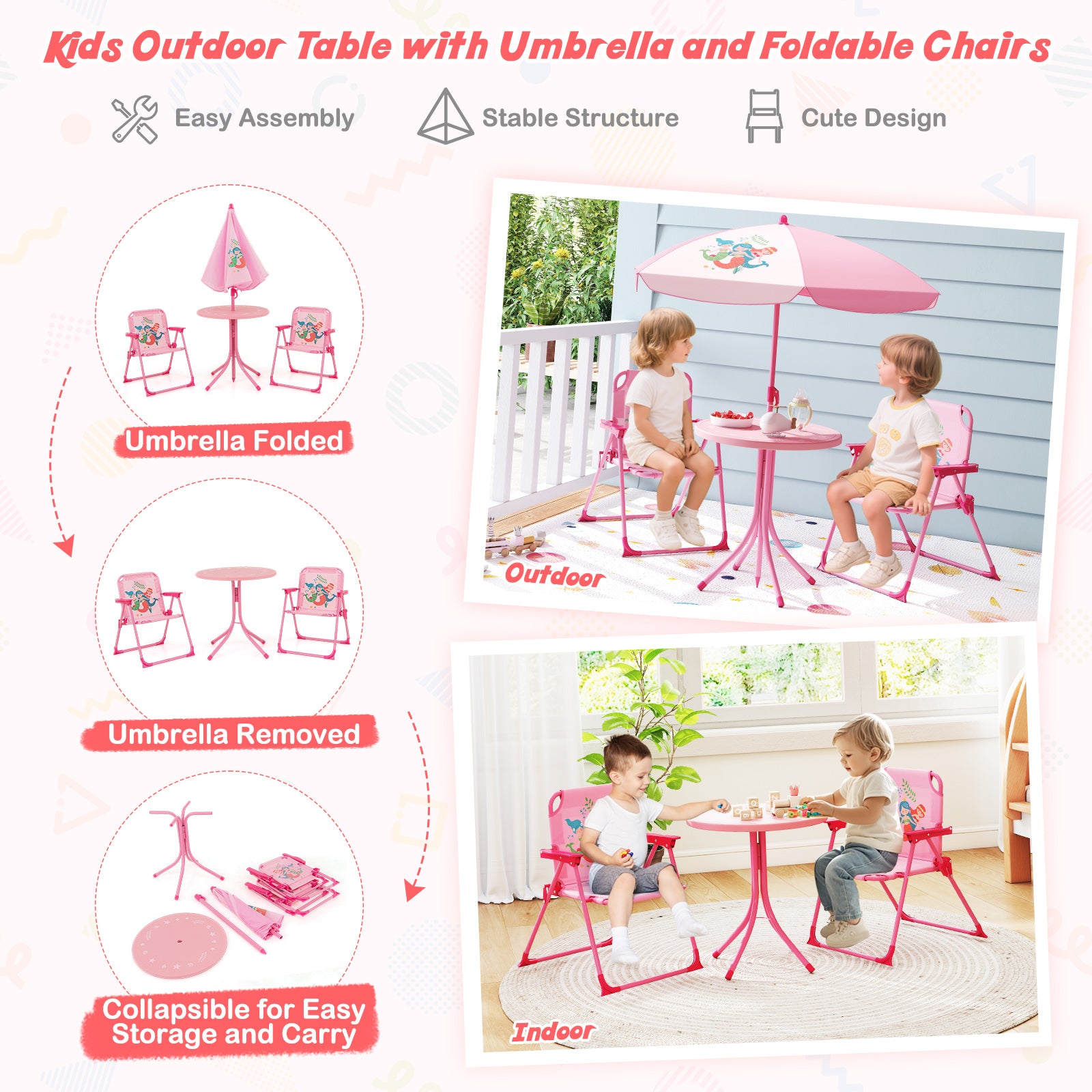 4 Pieces Kids Picnic Set Toddler Outdoor Activity Table with 2 Folding Chairs-Pink