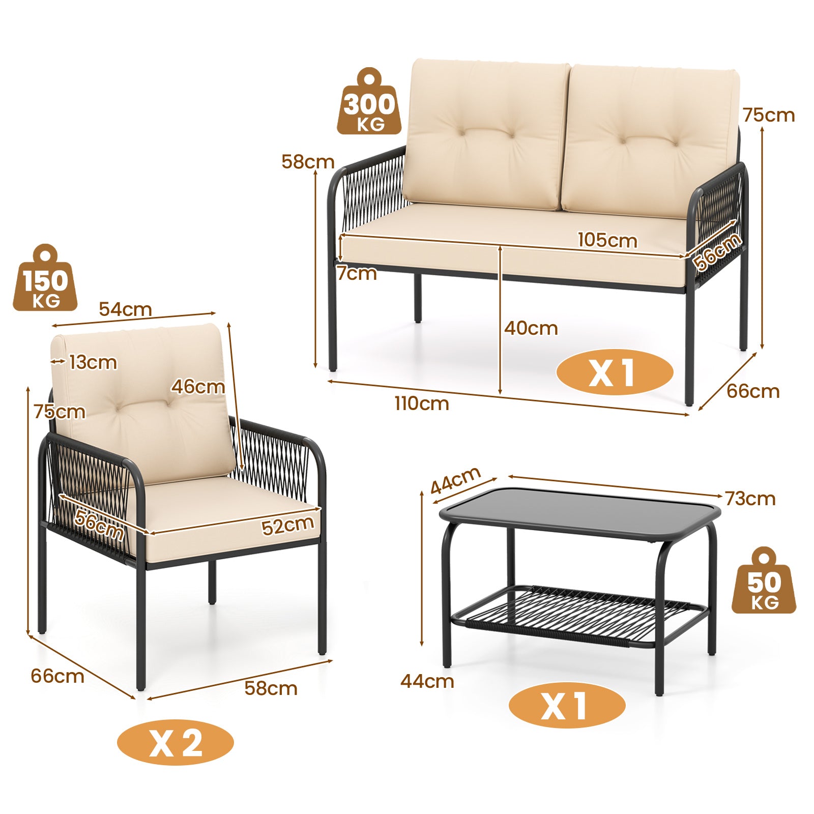 4 Pieces Patio Furniture Set PE Rattan Sofa Chairs with Loveseat-Beige