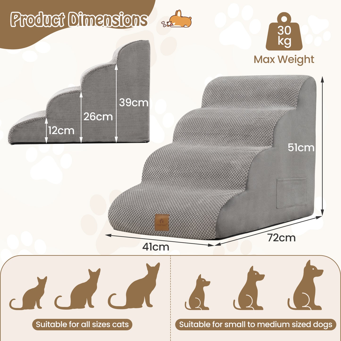 4-Tier Foam Dog Ramp with Washable Zippered Cover
