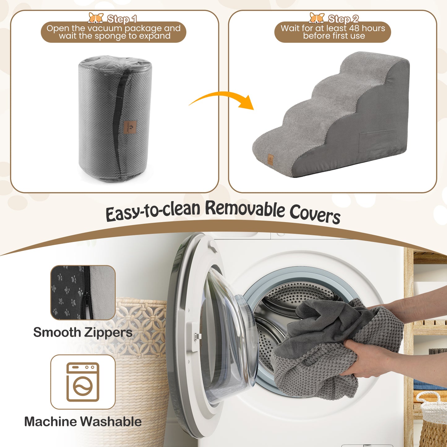 4-Tier Foam Dog Ramp with Washable Zippered Cover