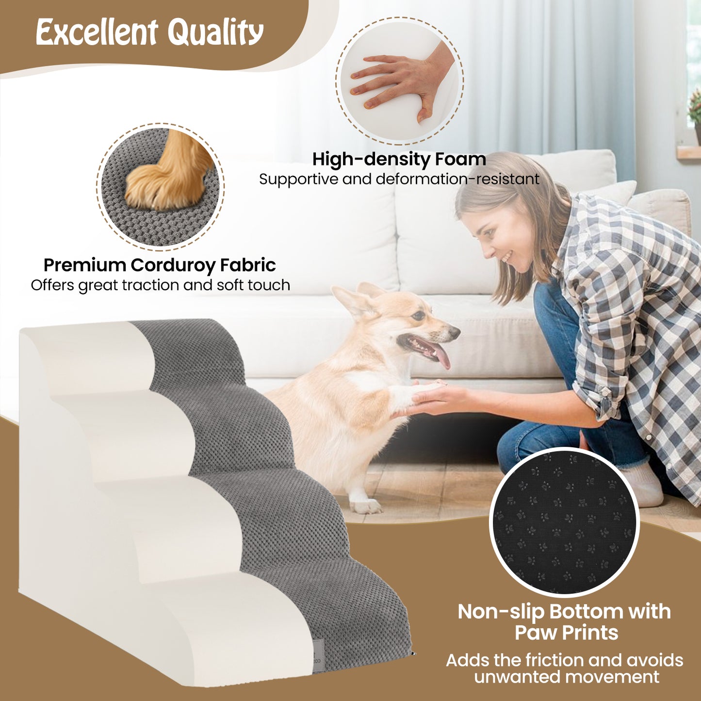 4-Tier Foam Dog Ramp with Washable Zippered Cover