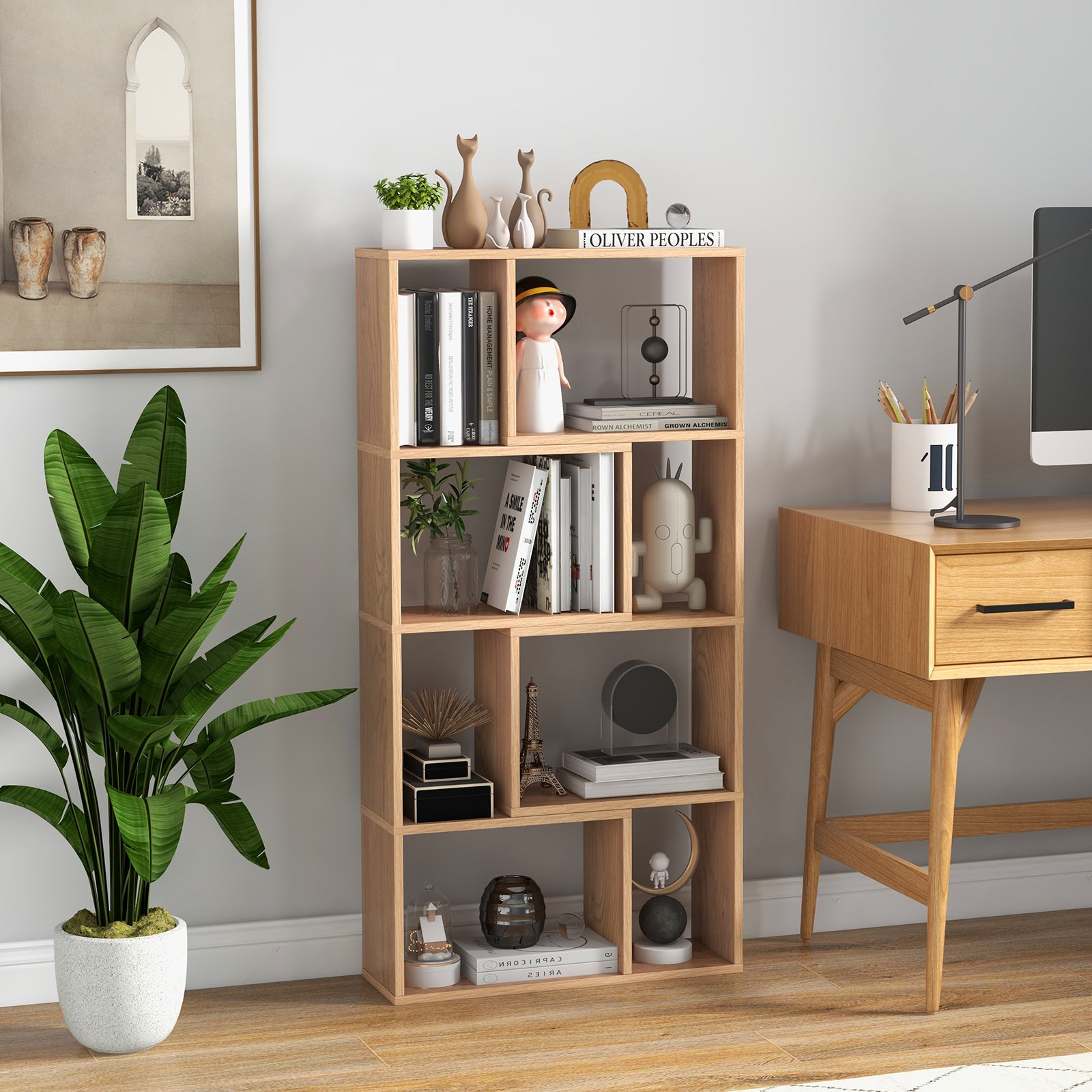 4-Tier Geometric Bookshelf with 8-Cube Storage Organizer-Natural