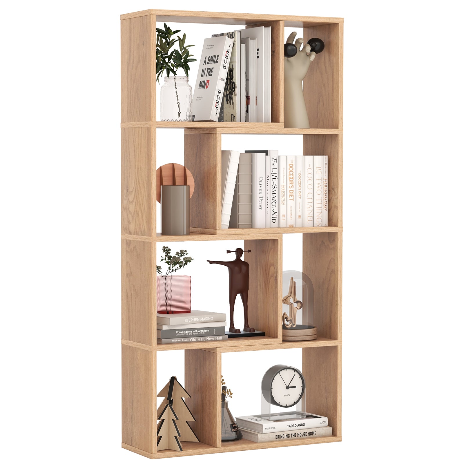 4-Tier Geometric Bookshelf with 8-Cube Storage Organizer-Natural