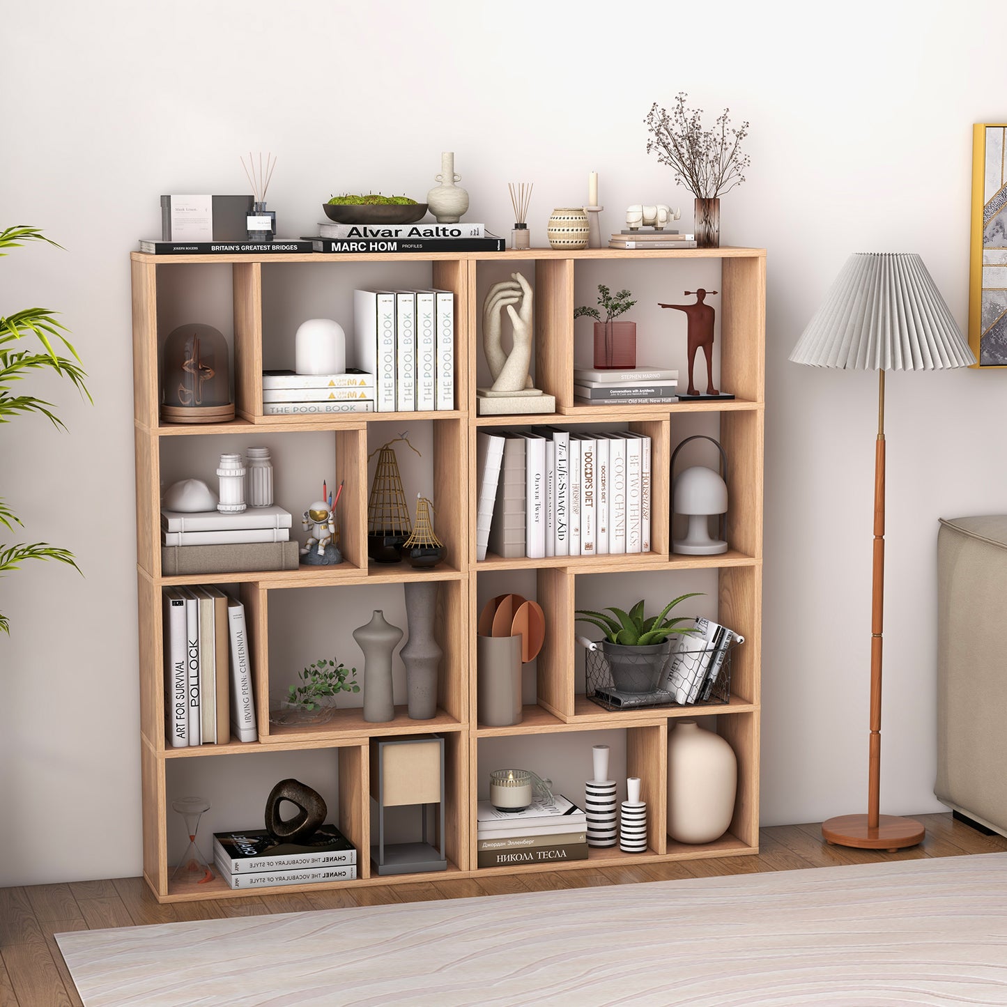 4-Tier Geometric Bookshelf with 8-Cube Storage Organizer-Natural