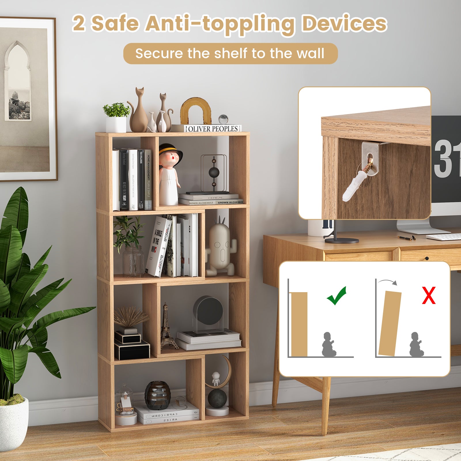 4-Tier Geometric Bookshelf with 8-Cube Storage Organizer-Natural