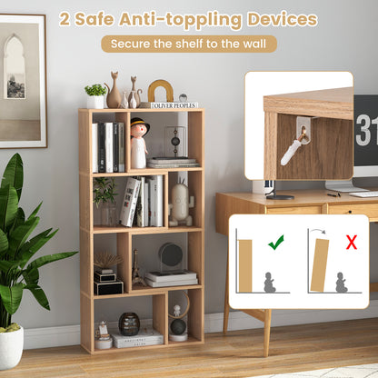 4-Tier Geometric Bookshelf with 8-Cube Storage Organizer-Natural