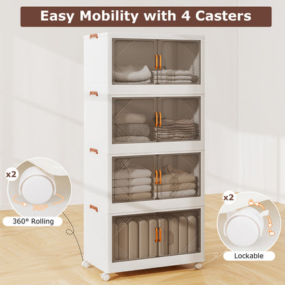 284L Foldable Plastic Box on Wheels 4-Tier Stackable Storage Bins with Lids-White