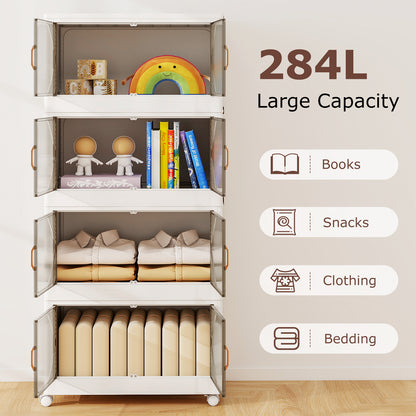 284L Foldable Plastic Box on Wheels 4-Tier Stackable Storage Bins with Lids-White